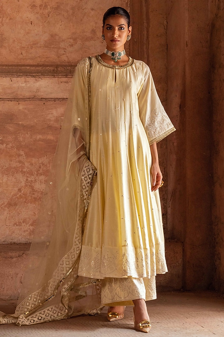 Lemon Yellow Chanderi Silk Threadwork Party Wear Anarkali Set by PREEVIN at Pernia's Pop Up Shop
