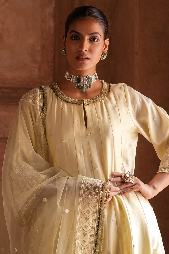 Lemon Yellow Chanderi Silk Threadwork Party Wear Anarkali Set by PREEVIN at Pernia's Pop Up Shop