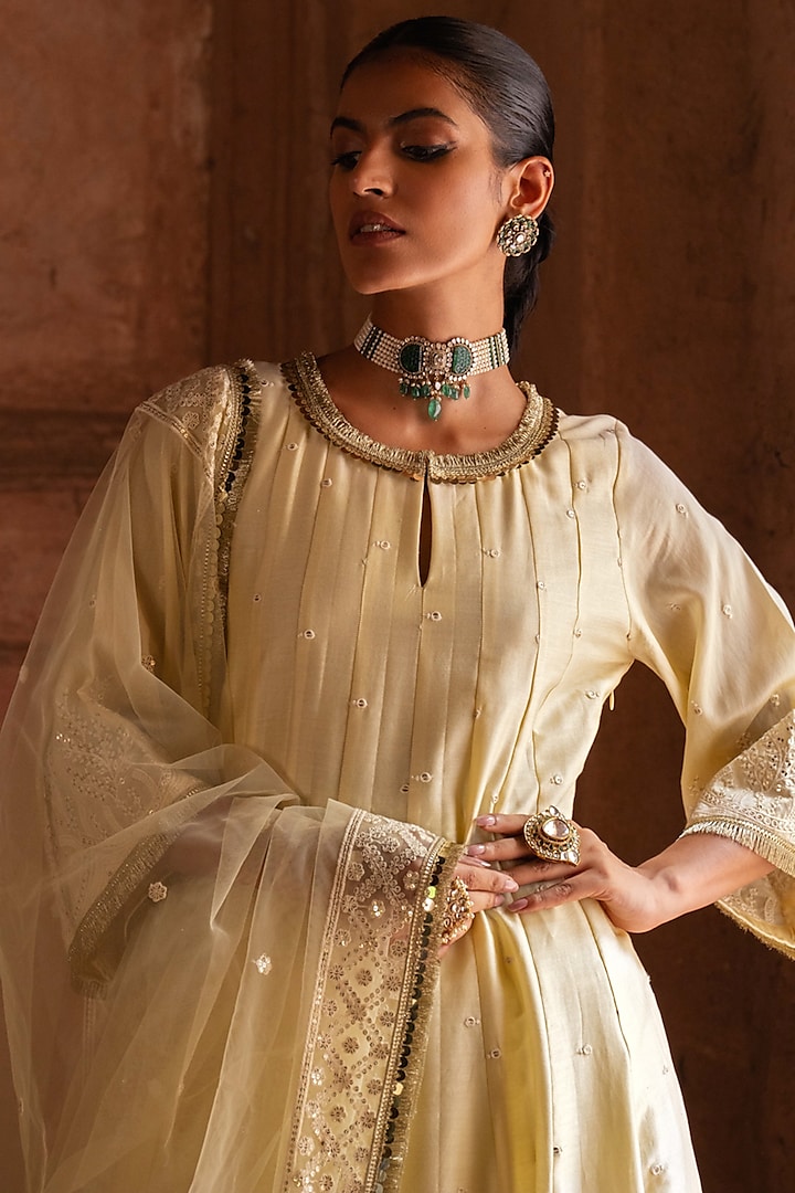 Lemon Yellow Chanderi Silk Threadwork Party Wear Anarkali Set by PREEVIN at Pernia's Pop Up Shop