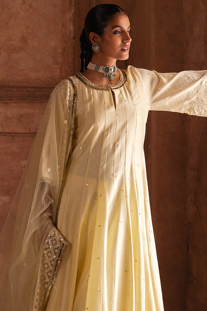 Lemon Yellow Chanderi Silk Threadwork Party Wear Anarkali Set by PREEVIN at Pernia's Pop Up Shop