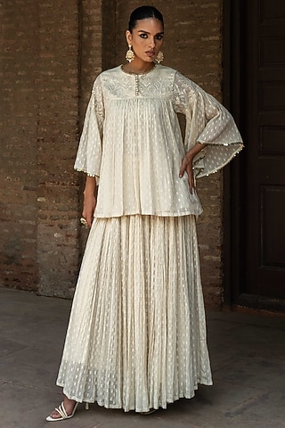 Off-White Cotton Shimmer Mulmul Skirt Set by PREEVIN