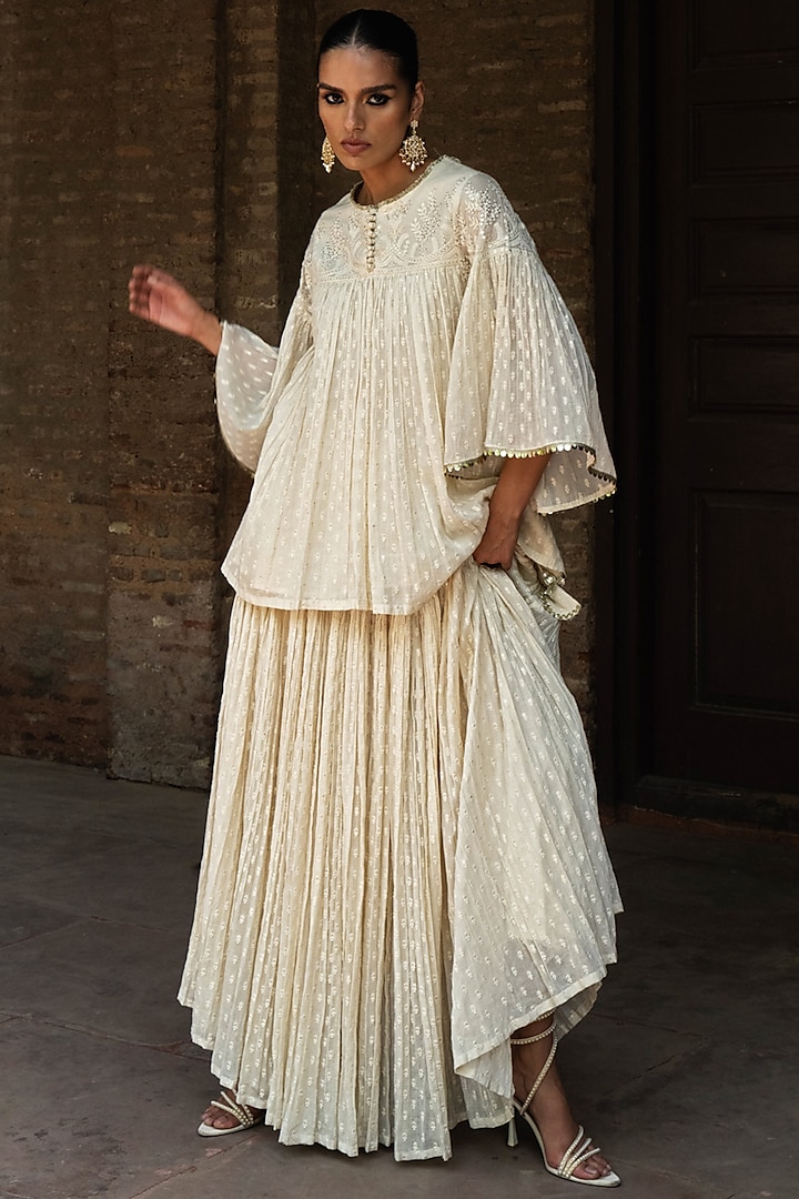Off-White Cotton Shimmer Mulmul Skirt Set by PREEVIN at Pernia's Pop Up Shop