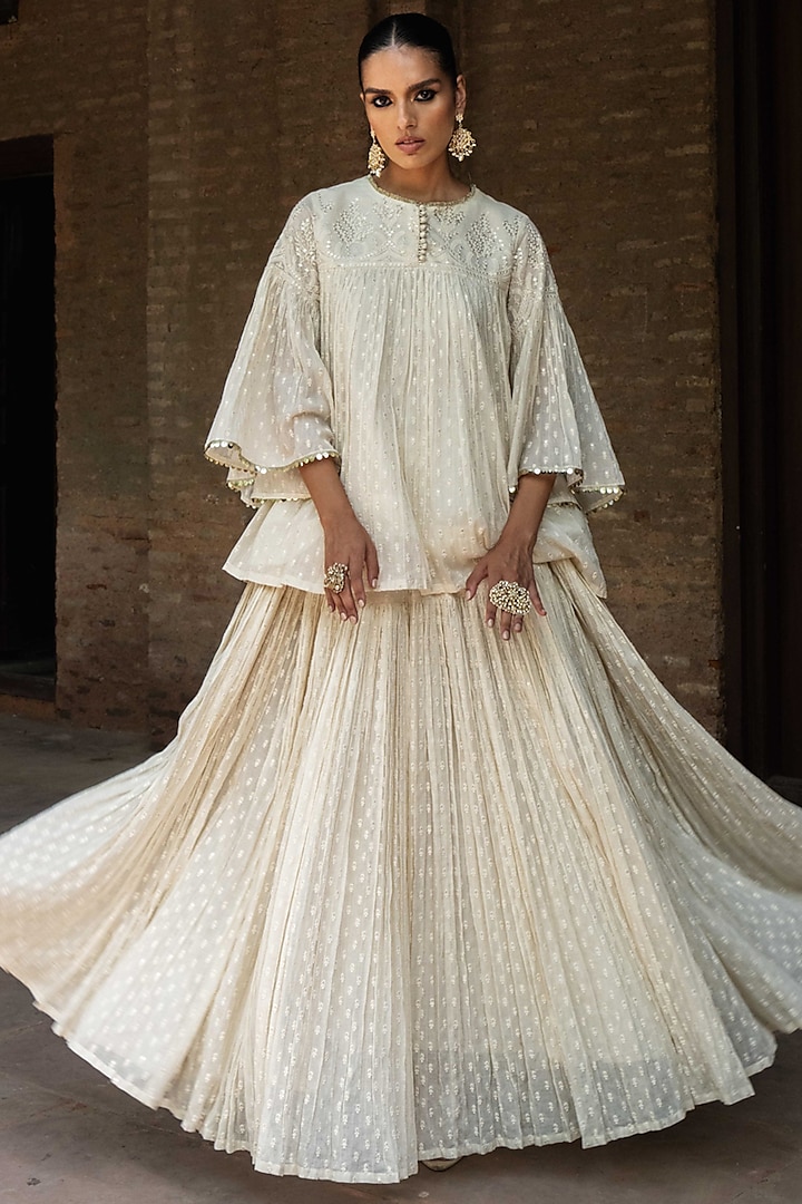 Off-White Cotton Shimmer Mulmul Skirt Set by PREEVIN at Pernia's Pop Up Shop