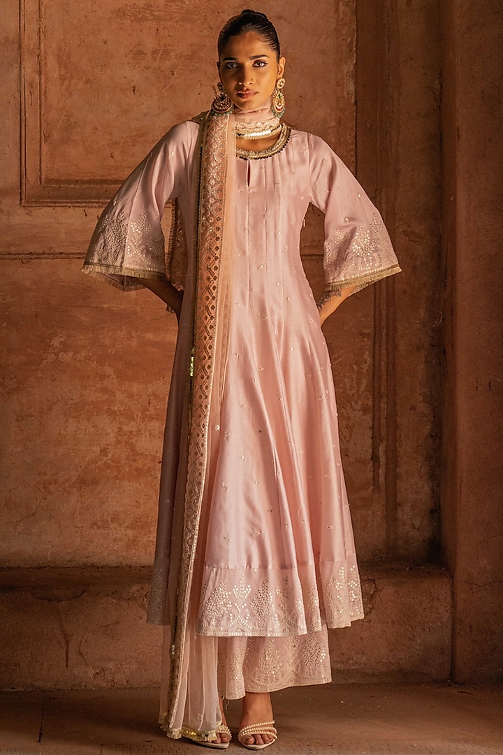 Onion Pink Chanderi Silk Threadwork Party Wear Anarkali Set by PREEVIN at Pernia's Pop Up Shop