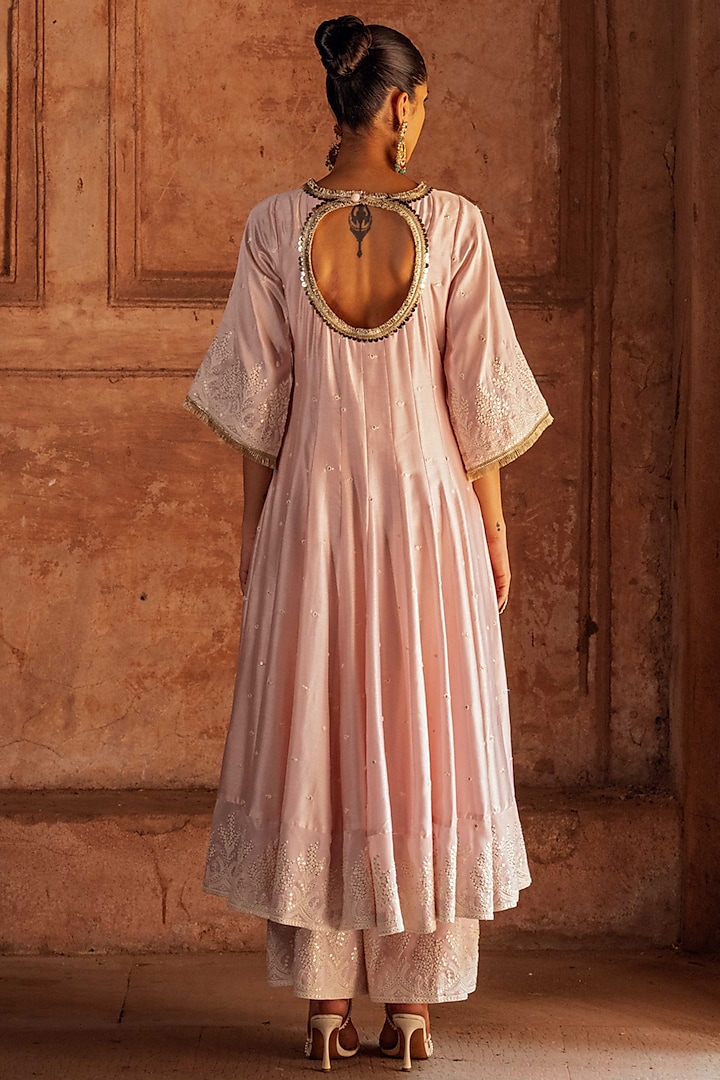 Onion Pink Chanderi Silk Threadwork Party Wear Anarkali Set by PREEVIN at Pernia's Pop Up Shop