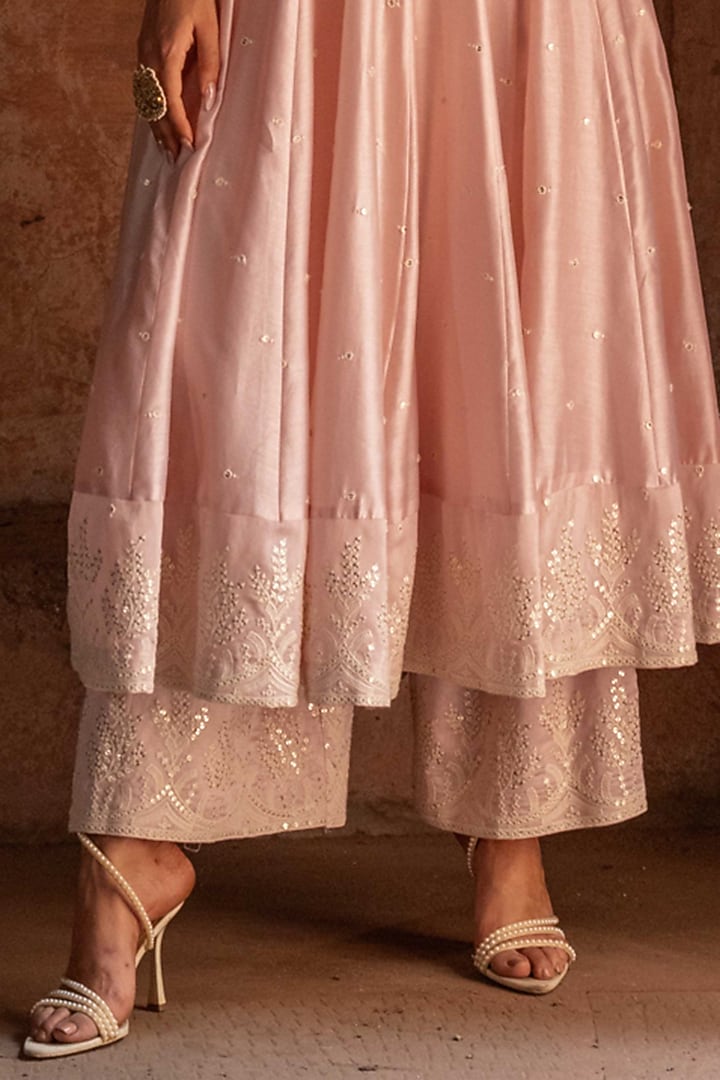 Onion Pink Chanderi Silk Threadwork Party Wear Anarkali Set by PREEVIN at Pernia's Pop Up Shop