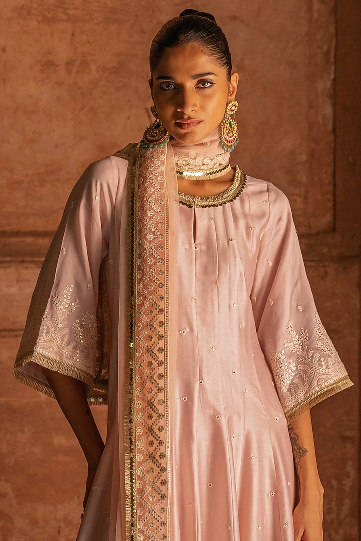Onion Pink Chanderi Silk Threadwork Party Wear Anarkali Set by PREEVIN at Pernia's Pop Up Shop