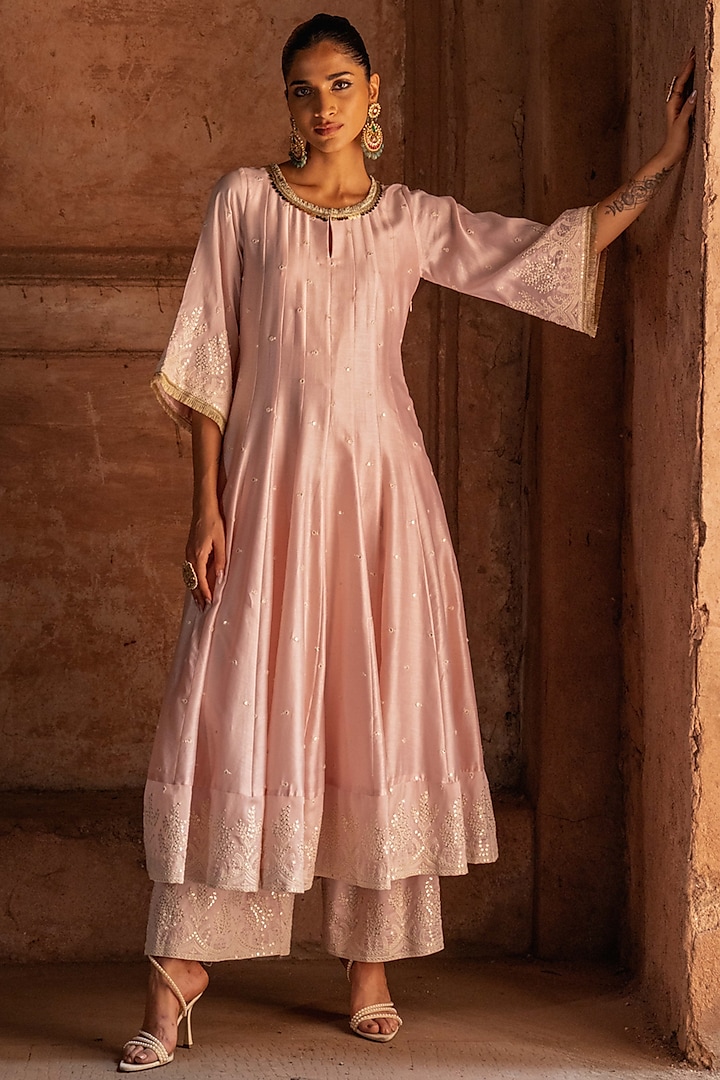 Onion Pink Chanderi Silk Threadwork Party Wear Anarkali Set by PREEVIN at Pernia's Pop Up Shop
