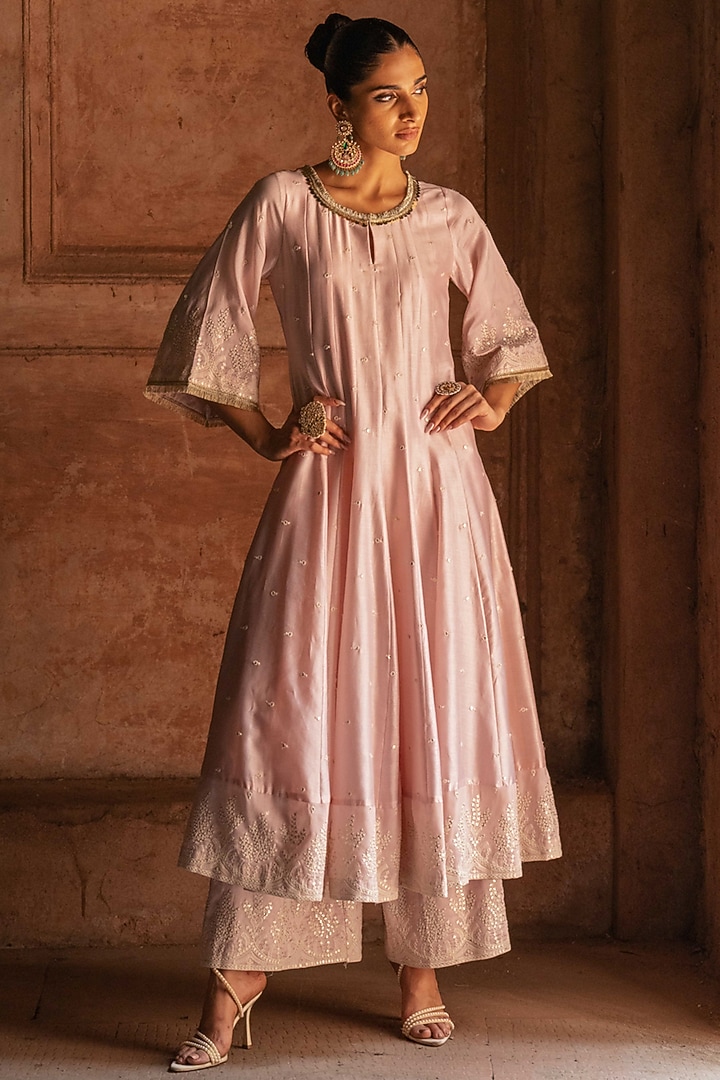 Onion Pink Chanderi Silk Threadwork Party Wear Anarkali Set by PREEVIN at Pernia's Pop Up Shop
