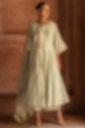 Mint Chanderi Silk Threadwork Party Wear Anarkali Set by PREEVIN at Pernia's Pop Up Shop