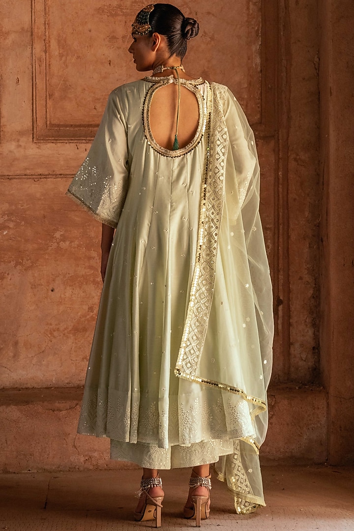 Mint Chanderi Silk Threadwork Party Wear Anarkali Set by PREEVIN at Pernia's Pop Up Shop