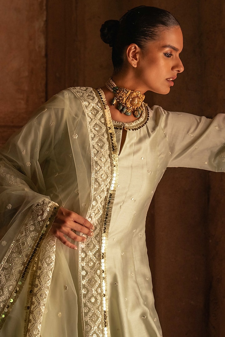Mint Chanderi Silk Threadwork Party Wear Anarkali Set by PREEVIN at Pernia's Pop Up Shop