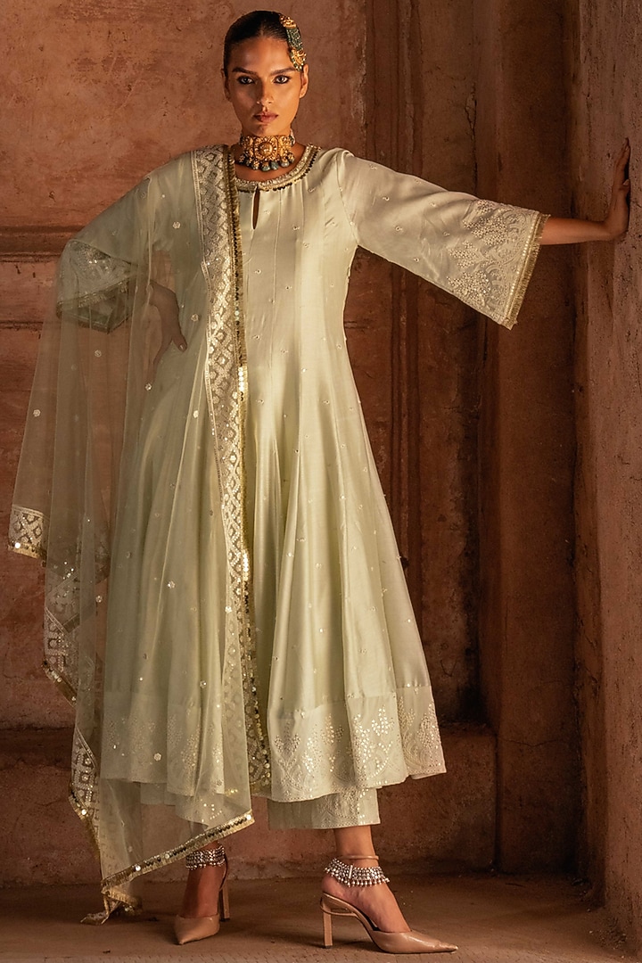 Mint Chanderi Silk Threadwork Party Wear Anarkali Set by PREEVIN at Pernia's Pop Up Shop