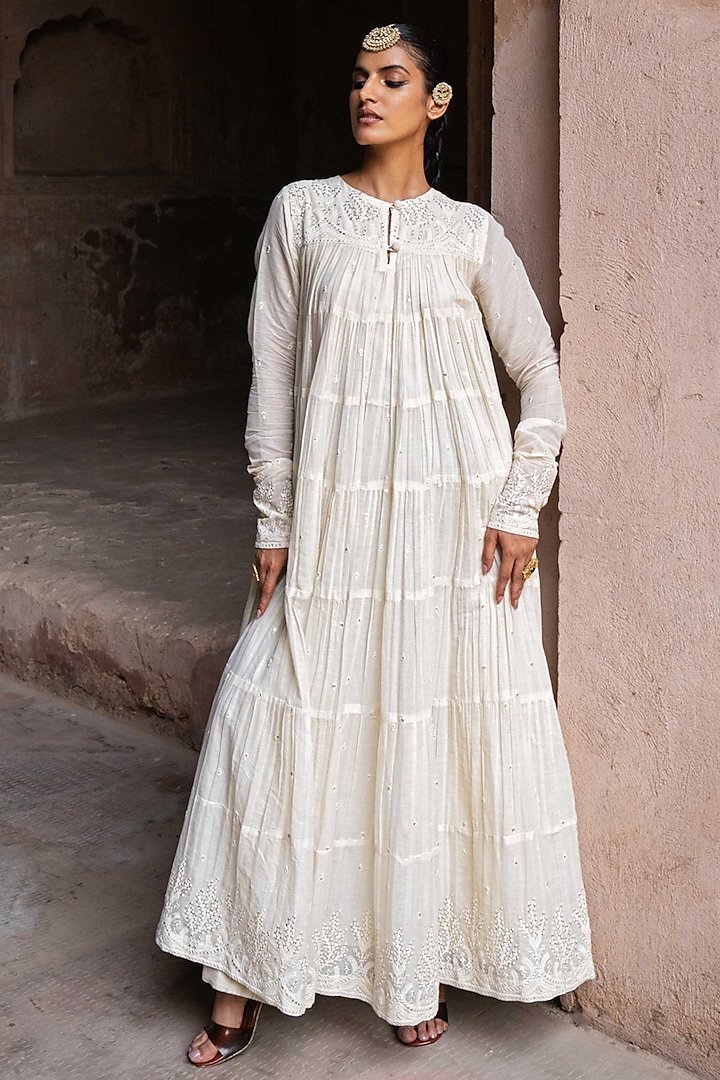 Off-White Cotton Shimmer Mulmul Eight Layered Party Wear Anarkali Set by PREEVIN at Pernia's Pop Up Shop