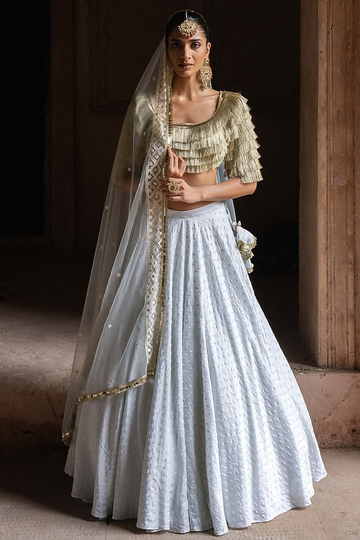 Ice Blue Chanderi Silk Embroidered Wedding Lehenga Set by PREEVIN at Pernia's Pop Up Shop