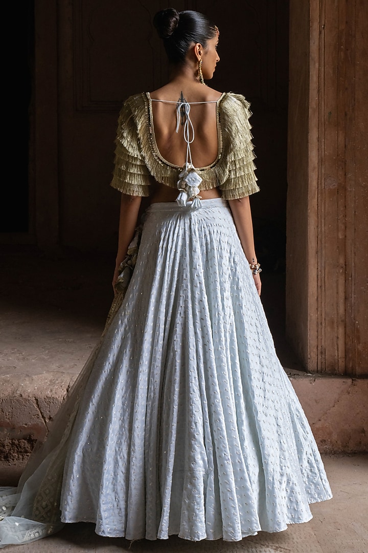 Ice Blue Chanderi Silk Embroidered Wedding Lehenga Set by PREEVIN at Pernia's Pop Up Shop