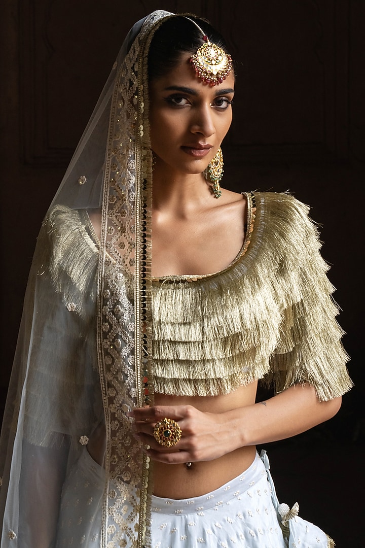 Ice Blue Chanderi Silk Embroidered Wedding Lehenga Set by PREEVIN at Pernia's Pop Up Shop