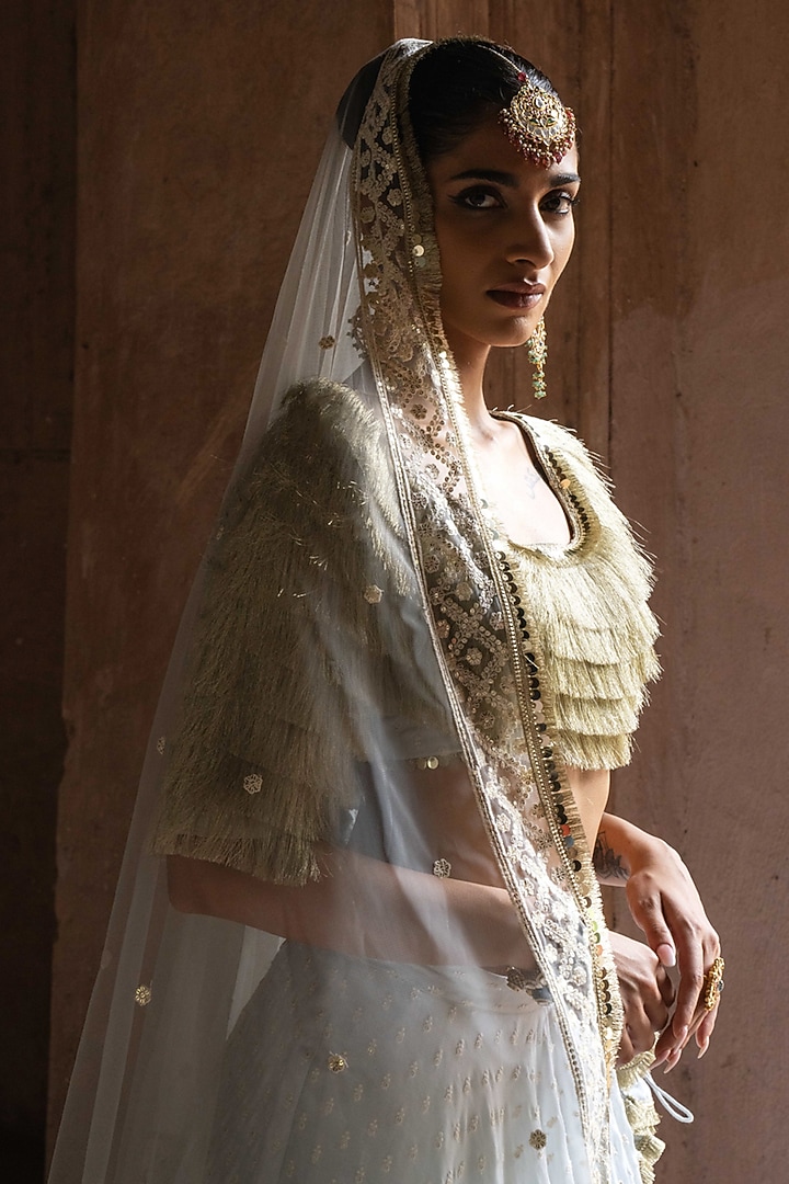Ice Blue Chanderi Silk Embroidered Wedding Lehenga Set by PREEVIN at Pernia's Pop Up Shop