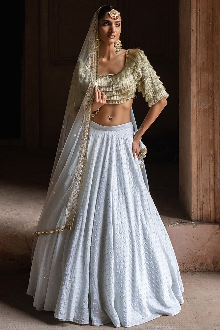 Ice Blue Chanderi Silk Embroidered Wedding Lehenga Set by PREEVIN at Pernia's Pop Up Shop