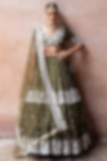 Olive Chanderi Silk Embroidered Wedding Lehenga Set by PREEVIN at Pernia's Pop Up Shop
