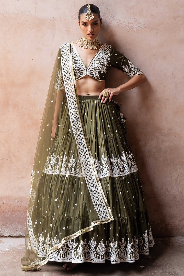 Olive Chanderi Silk Embroidered Wedding Lehenga Set by PREEVIN at Pernia's Pop Up Shop