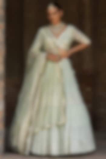 Mint Green Chanderi Silk Embroidered Wedding Lehenga Set by PREEVIN at Pernia's Pop Up Shop