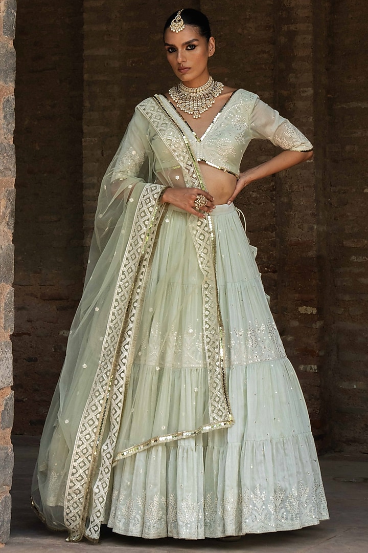 Mint Green Chanderi Silk Embroidered Wedding Lehenga Set by PREEVIN at Pernia's Pop Up Shop