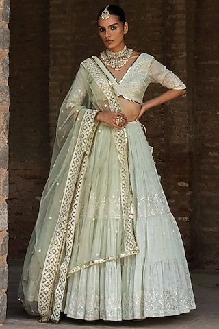 Mint Green Chanderi Silk Embroidered Lehenga Set by PREEVIN