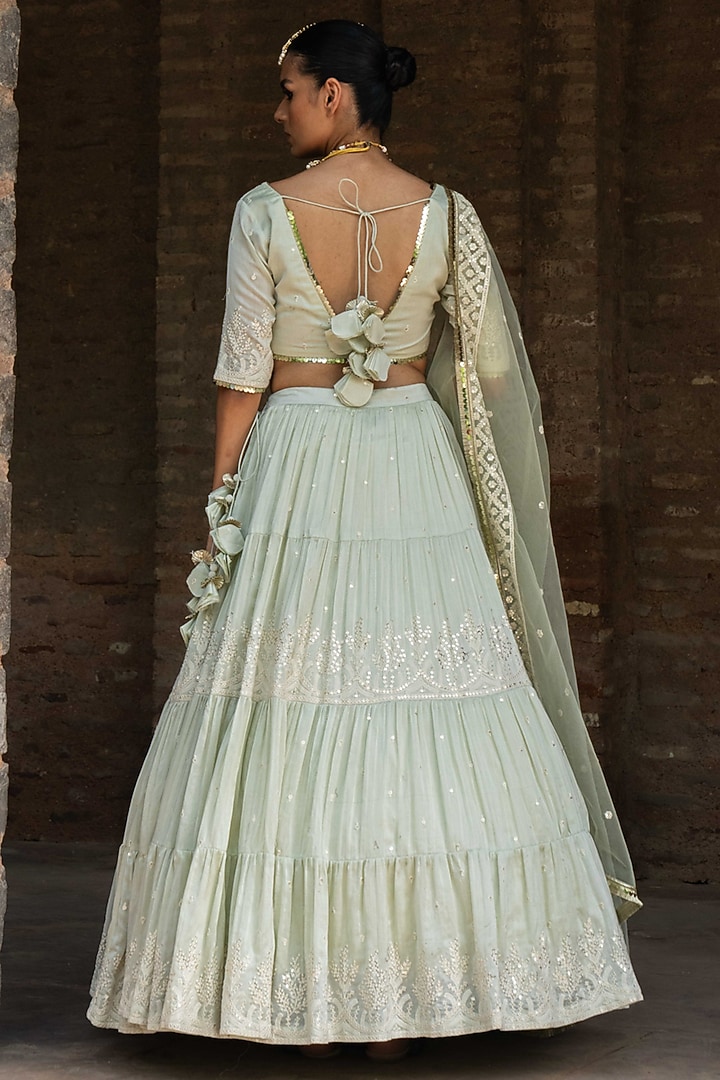 Mint Green Chanderi Silk Embroidered Wedding Lehenga Set by PREEVIN at Pernia's Pop Up Shop