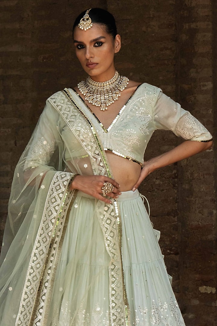 Mint Green Chanderi Silk Embroidered Wedding Lehenga Set by PREEVIN at Pernia's Pop Up Shop