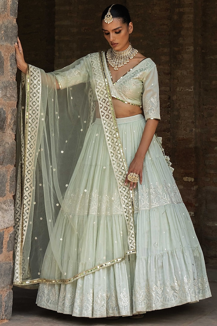 Mint Green Chanderi Silk Embroidered Wedding Lehenga Set by PREEVIN at Pernia's Pop Up Shop