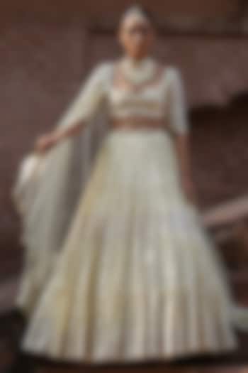 Lemon Chanderi Silk Embroidered Wedding Lehenga Set by PREEVIN at Pernia's Pop Up Shop
