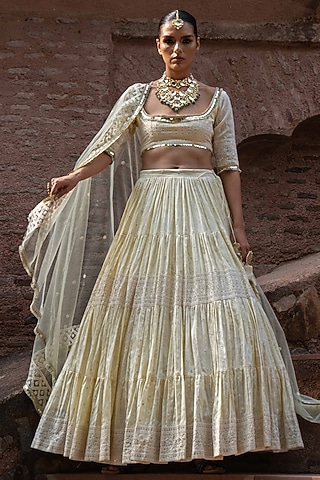 Lemon Chanderi Silk Embroidered Lehenga Set by PREEVIN