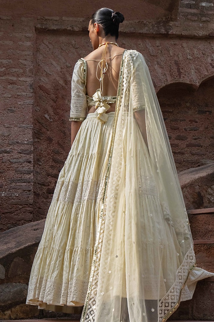 Lemon Chanderi Silk Embroidered Wedding Lehenga Set by PREEVIN at Pernia's Pop Up Shop