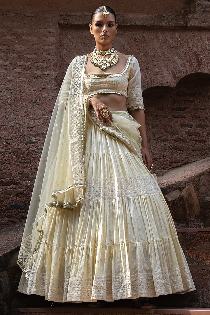 Lemon Chanderi Silk Embroidered Wedding Lehenga Set by PREEVIN at Pernia's Pop Up Shop