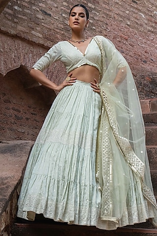 Mint Green Chanderi Silk Embroidered Lehenga Set by PREEVIN