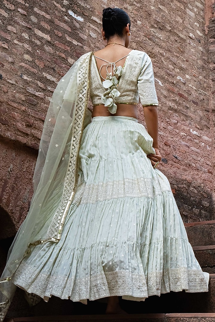 Mint Green Chanderi Silk Embroidered Wedding Lehenga Set by PREEVIN at Pernia's Pop Up Shop