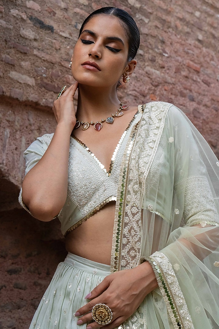 Mint Green Chanderi Silk Embroidered Wedding Lehenga Set by PREEVIN at Pernia's Pop Up Shop