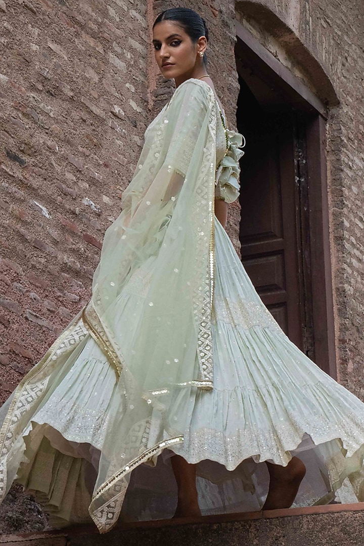 Mint Green Chanderi Silk Embroidered Wedding Lehenga Set by PREEVIN at Pernia's Pop Up Shop