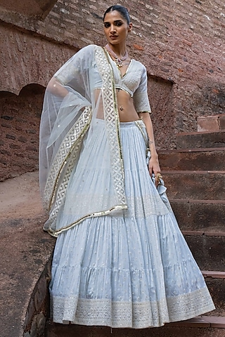 Ice Blue Chanderi Silk Embroidered Lehenga Set by PREEVIN