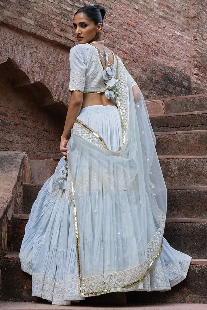 Ice Blue Chanderi Silk Embroidered Wedding Lehenga Set by PREEVIN at Pernia's Pop Up Shop