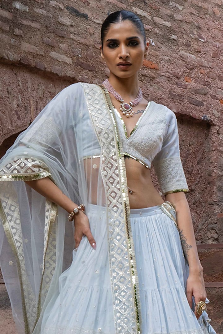 Ice Blue Chanderi Silk Embroidered Wedding Lehenga Set by PREEVIN at Pernia's Pop Up Shop