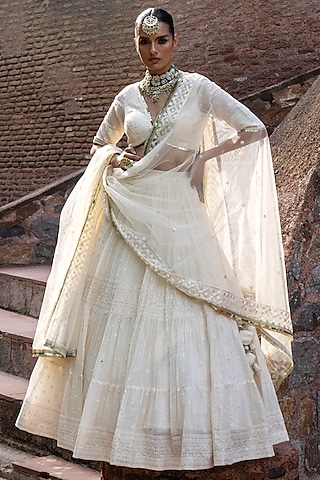 Off-White Chanderi Silk Embroidered Lehenga Set by PREEVIN