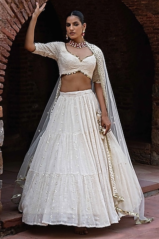 Off-White Chanderi Silk Embroidered Lehenga Set by PREEVIN