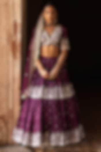 Wine Chanderi Silk Embroidered Wedding Lehenga Set by PREEVIN at Pernia's Pop Up Shop