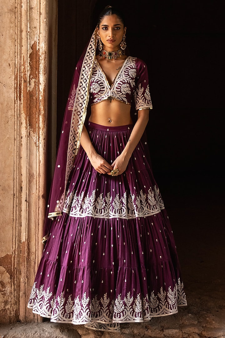 Wine Chanderi Silk Embroidered Wedding Lehenga Set by PREEVIN at Pernia's Pop Up Shop