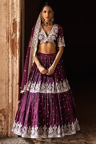 Wine Chanderi Silk Embroidered Lehenga Set by PREEVIN