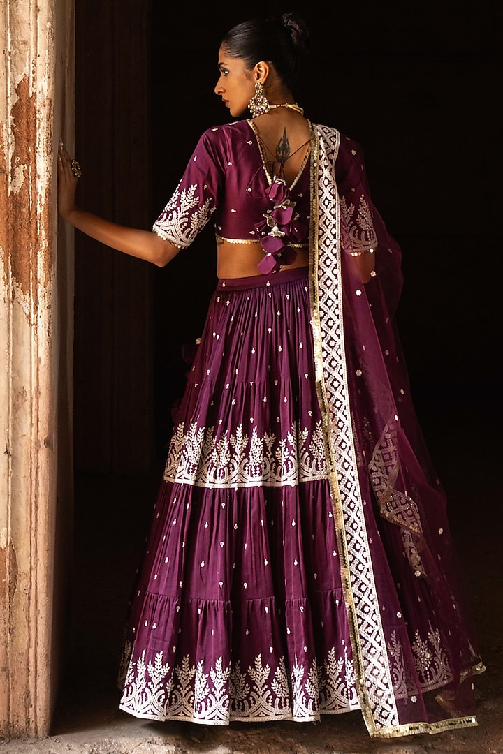 Wine Chanderi Silk Embroidered Wedding Lehenga Set by PREEVIN at Pernia's Pop Up Shop