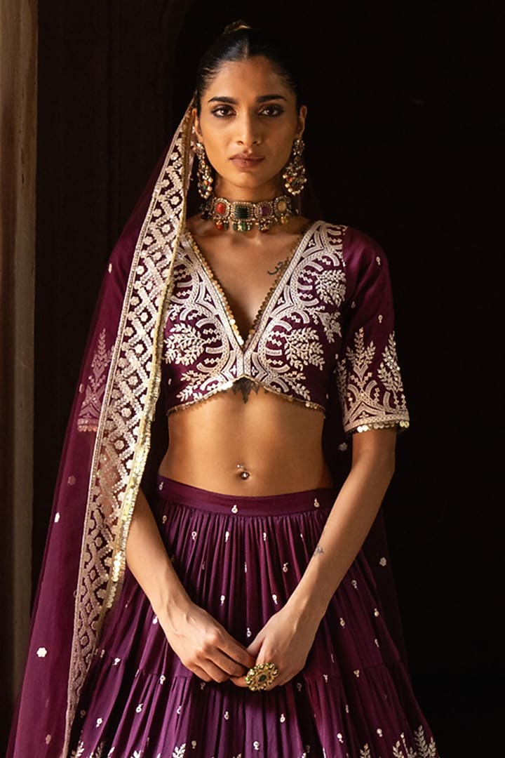 Wine Chanderi Silk Embroidered Wedding Lehenga Set by PREEVIN at Pernia's Pop Up Shop