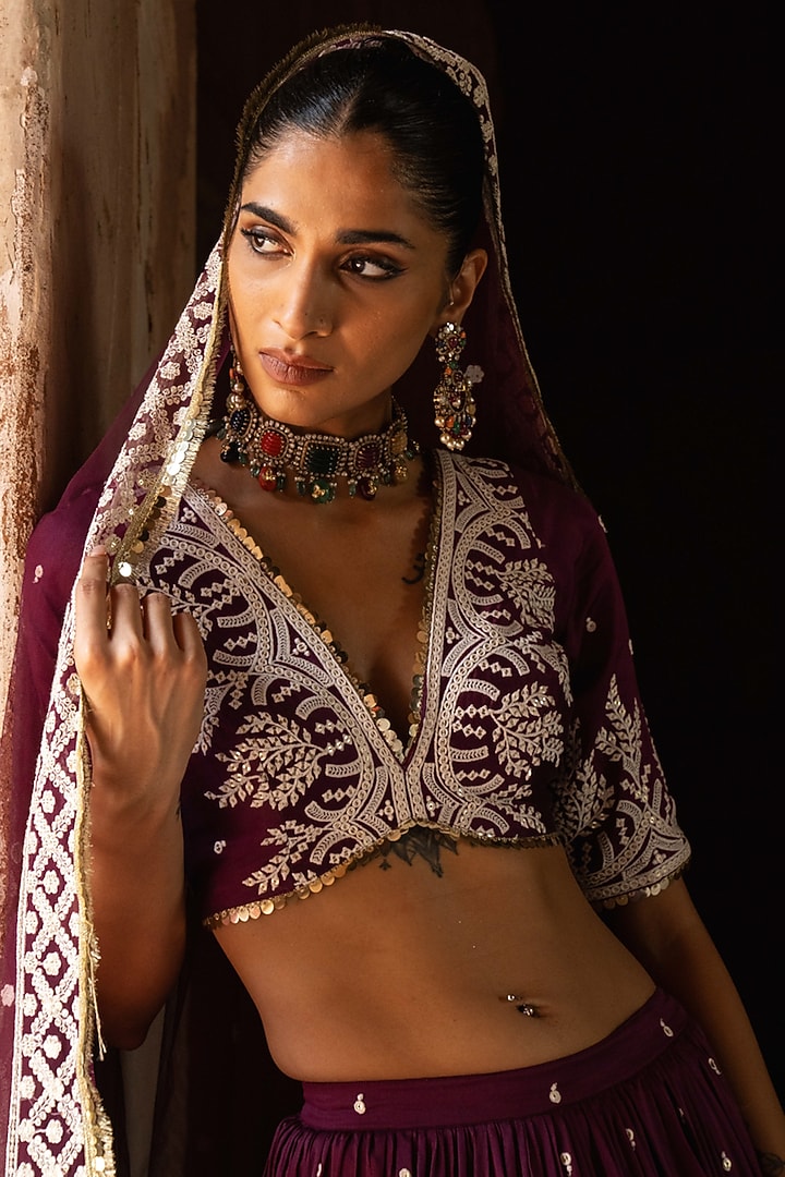 Wine Chanderi Silk Embroidered Wedding Lehenga Set by PREEVIN at Pernia's Pop Up Shop